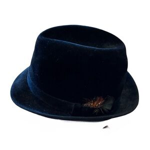 Bianchi Black Velvet Fedora, Feather & Metal Accent, Metal Horseshoe w/ 2 Birds